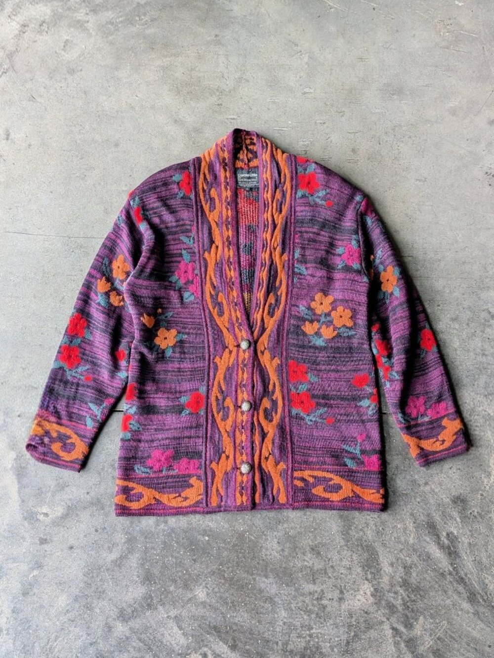 Vintage Purple Floral Wool Blend Oversized Boyfriend Cardigan Eclectic Grandpa